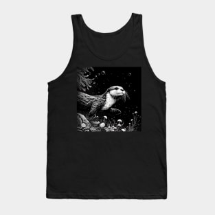 Monochromatic Outline Otter Swimming Underwater Tank Top